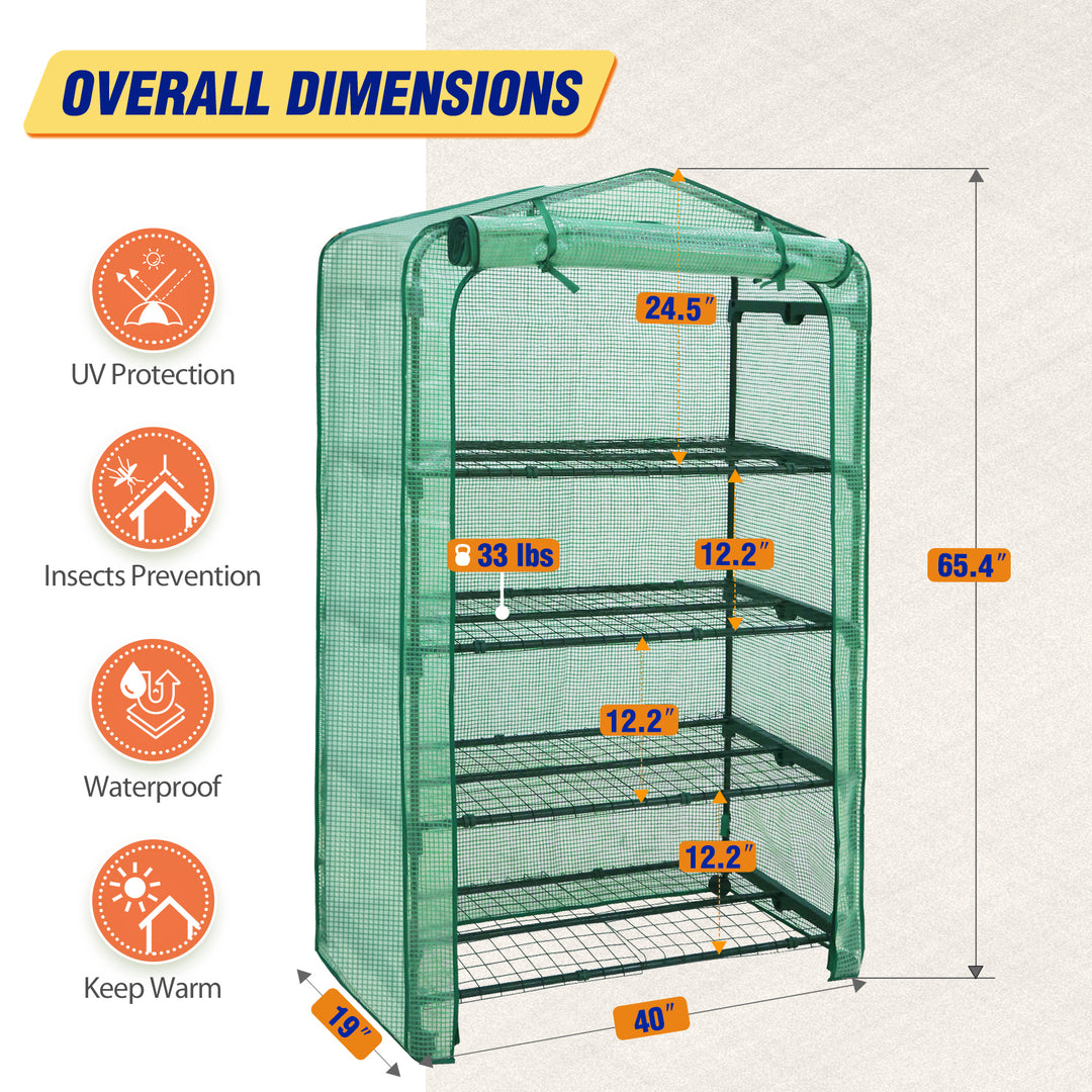 COOS BAY 40in Extra Wide 4-Tier Mini Greenhouse with Casters, Indoor Outdoor Portable Plant Green House with Roll-up Zipper Door, Patio, Garden, Balcony, Backyard, Home Growing, Green