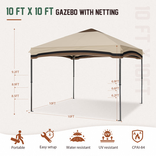 COOS BAY 10' x 10' Gazebo Tent Outdoor Pop up Gazebo Canopy Shelter with Netting (Beige)