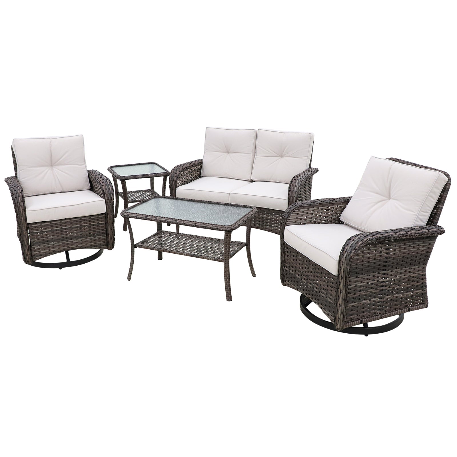 5-Piece Patio Furniture Set, 2 Swivel Chairs, Loveseat, Coffee Table and Side Table_SCLS-P5