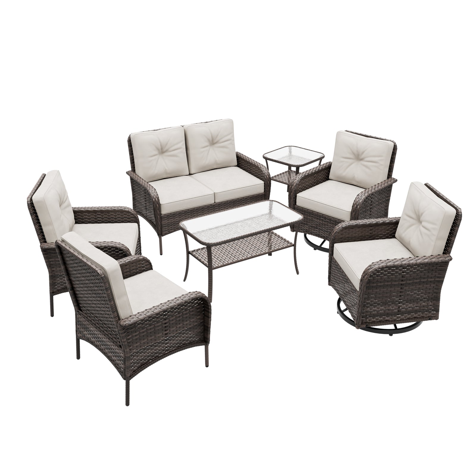 7-Piece Furniture Set, 2 Swivel Chairs, 2 Patio Chairs, Loveseat, Coffee Table and Side Table_SCDCLS-P7