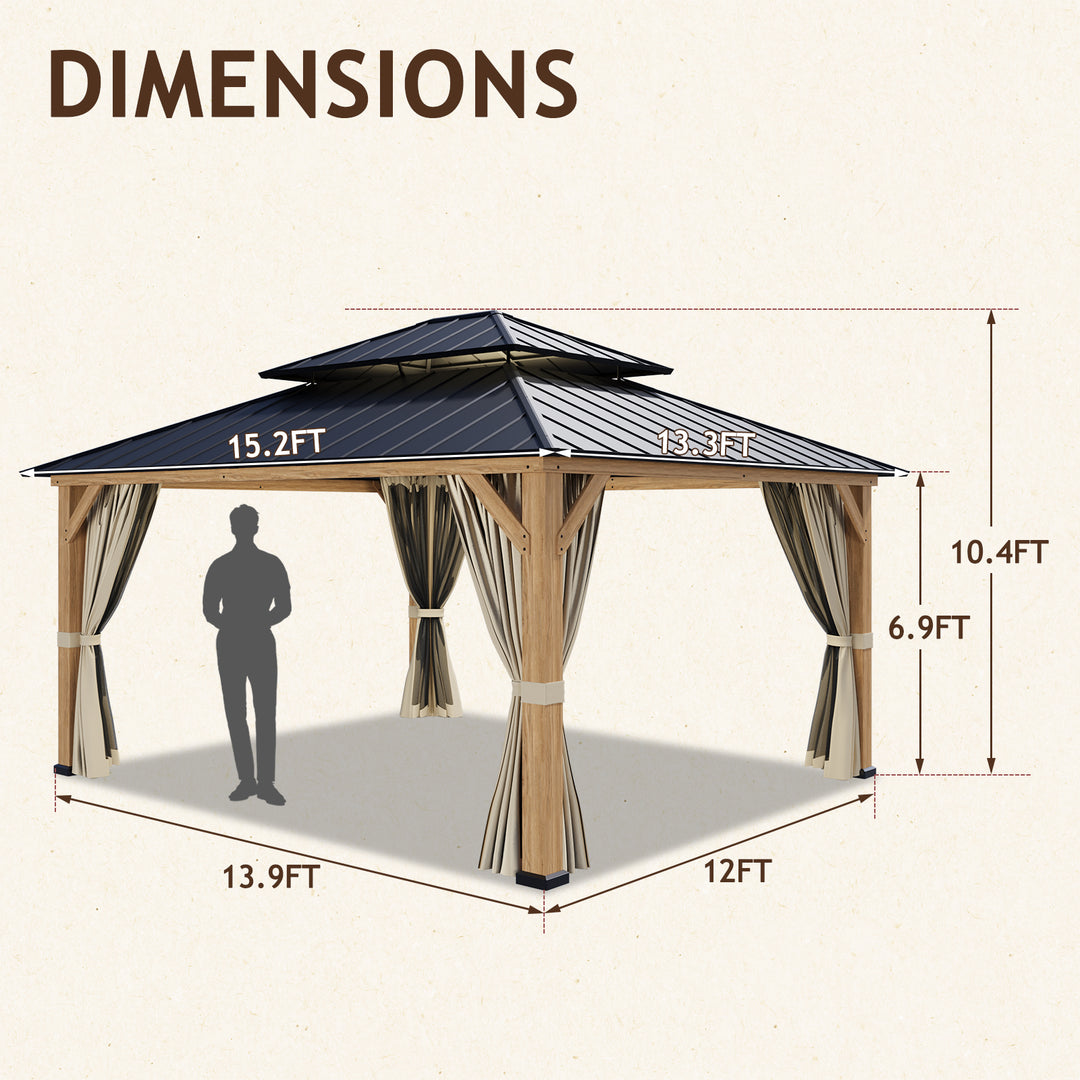 COOS BAY 13x15 Hardtop Gazebo with Cedar Wood Frame, Netting and Curtains, Natural Wood/Black