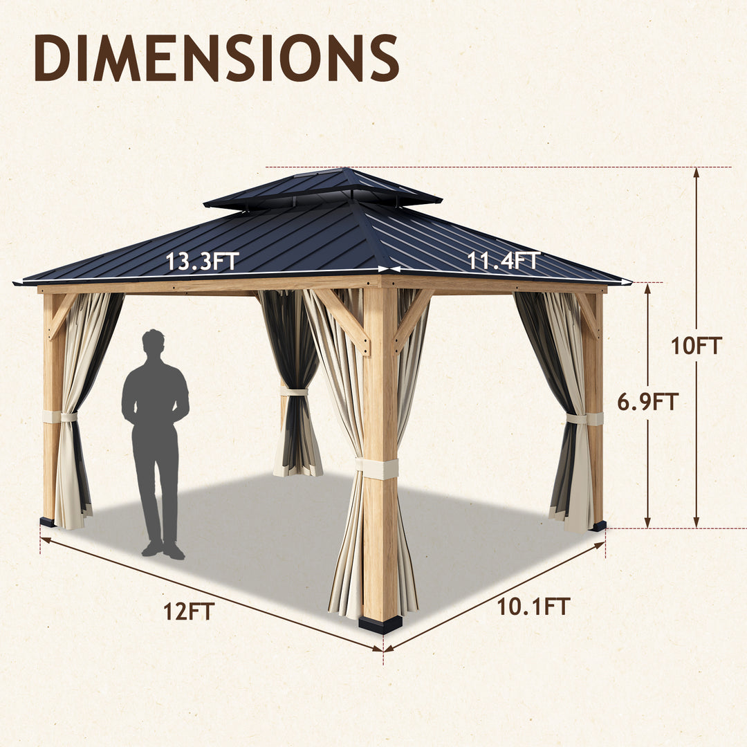 COOS BAY 11x13 Hardtop Gazebo w/ Netting and Curtains, Natural Wood/Black