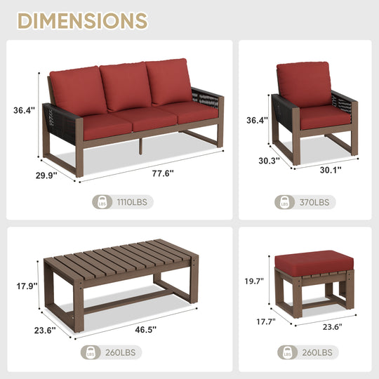COOS BAY Natural Cedar 6 PCS Furniture Set w/ Sofa 2 Patio Chairs 2 Ottomans and Coffee Table