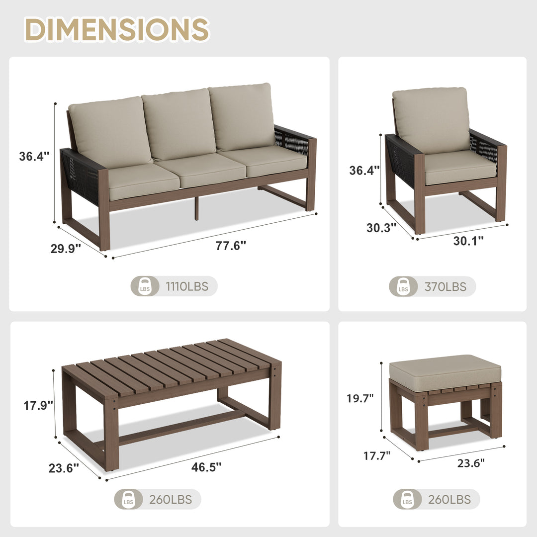 COOS BAY Natural Cedar 6 PCS Furniture Set w/ Sofa 2 Patio Chairs 2 Ottomans and Coffee Table
