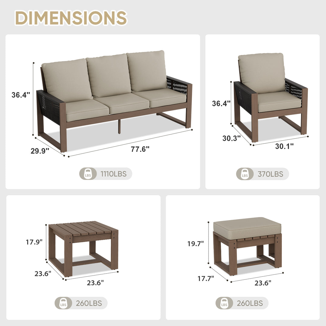 COOS BAY Natural Cedar 6 PCS Furniture Set w/ Sofa 2 Patio Chairs 2 Ottomans and Side Table