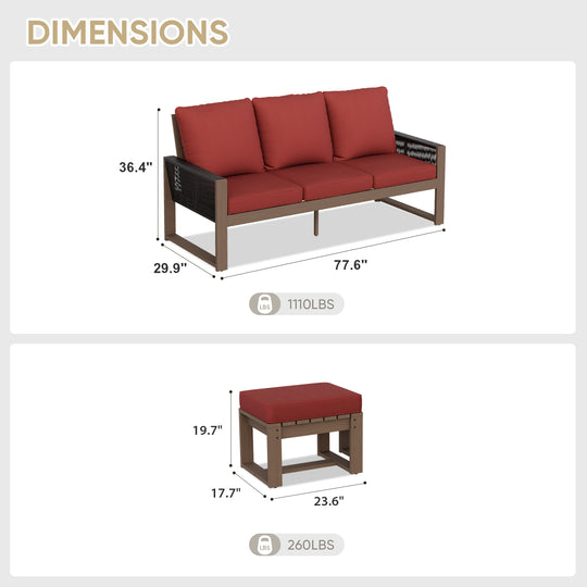 COOS BAY Natural Cedar 3 PCS Furniture Set w/ Sofa and Ottomans