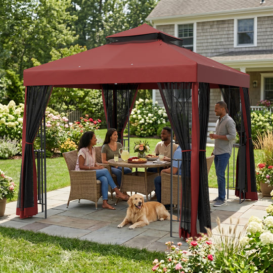 COOS BAY 8x8 Patio Gazebo with Corner Shelves and Mesh Netting