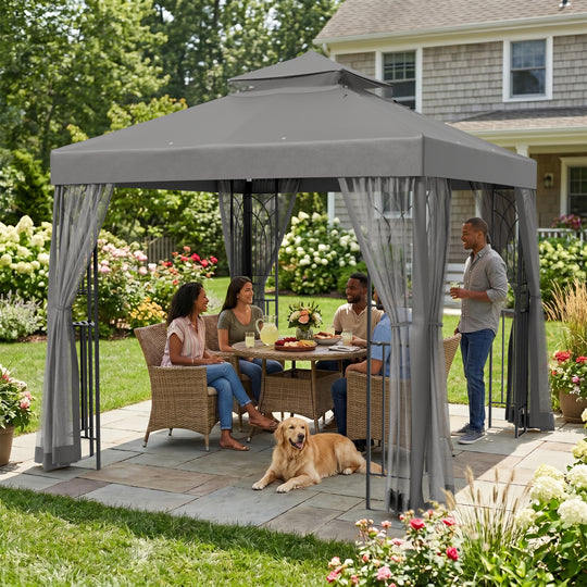 COOS BAY 8x8 Patio Gazebo with Corner Shelves and Mesh Netting