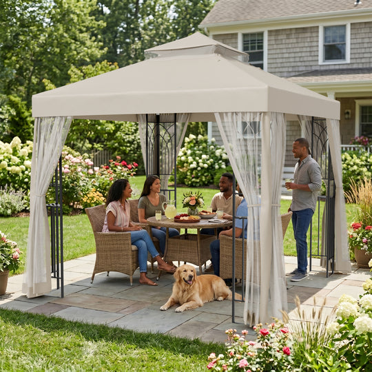 COOS BAY 8x8 Patio Gazebo with Corner Shelves and Mesh Netting