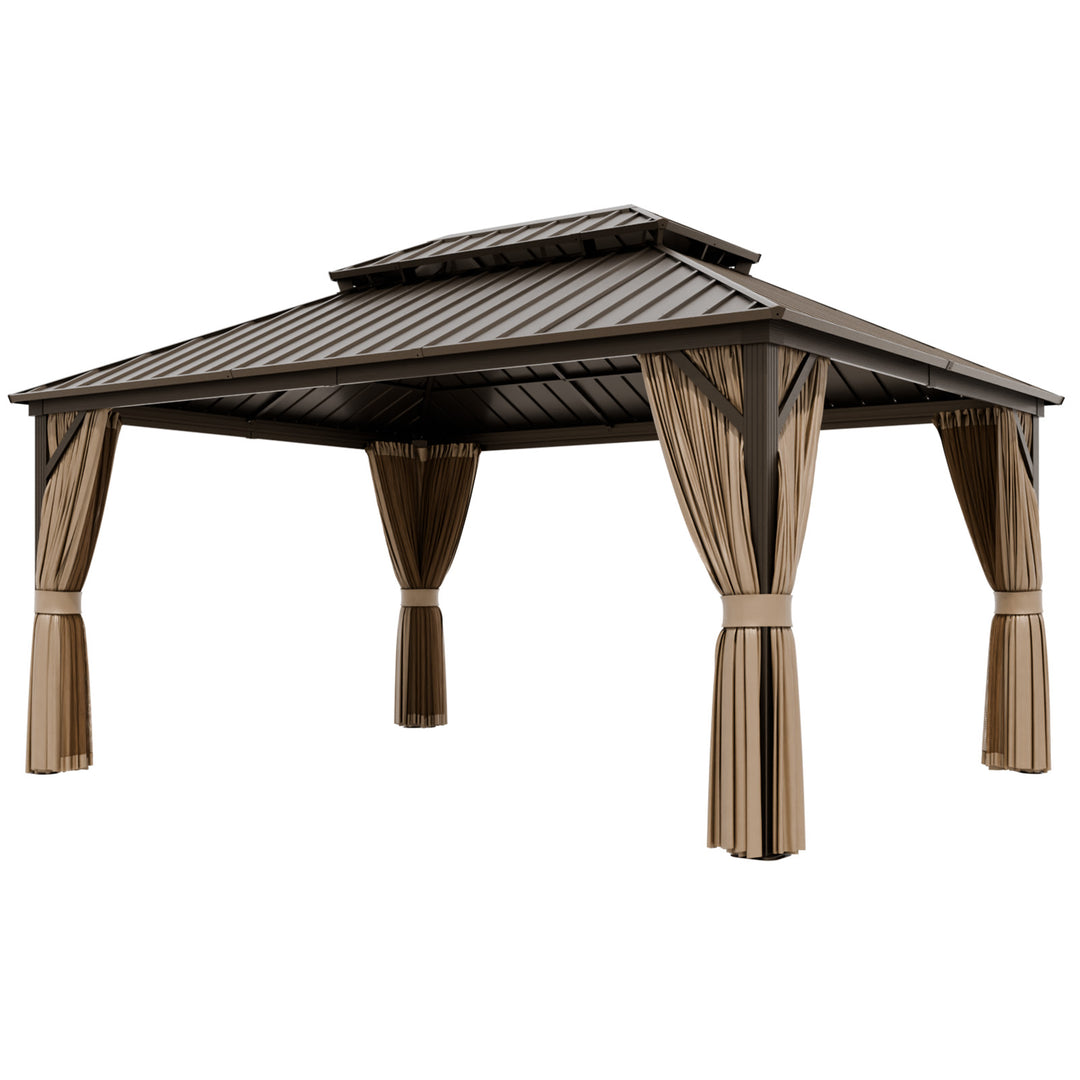 COOS BAY 12x16 Hardtop Gazebo with Aluminum Frame, Netting and Curtains, Dark Brown/Tan