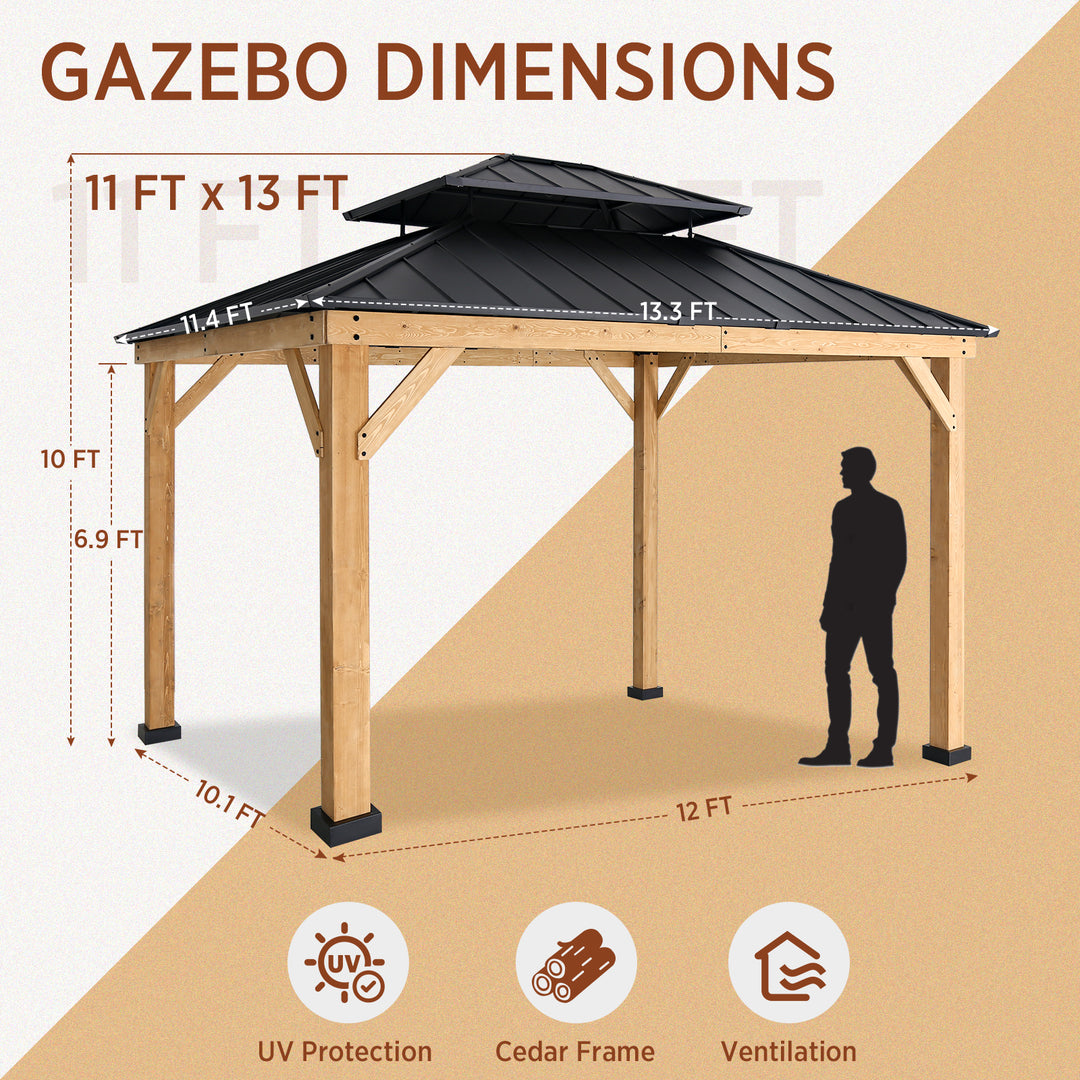 COOS BAY 13x11 Outdoor Wooden Gazebo w/ Double Roof