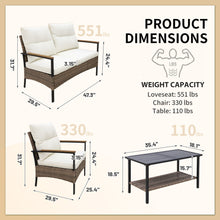 Load image into Gallery viewer, COOS BAY 4-Piece PE Rattan Outdoor Patio Furniture Set Ergonomic Wicker Loveseat, Chairs, and Wood Grain Steel Table