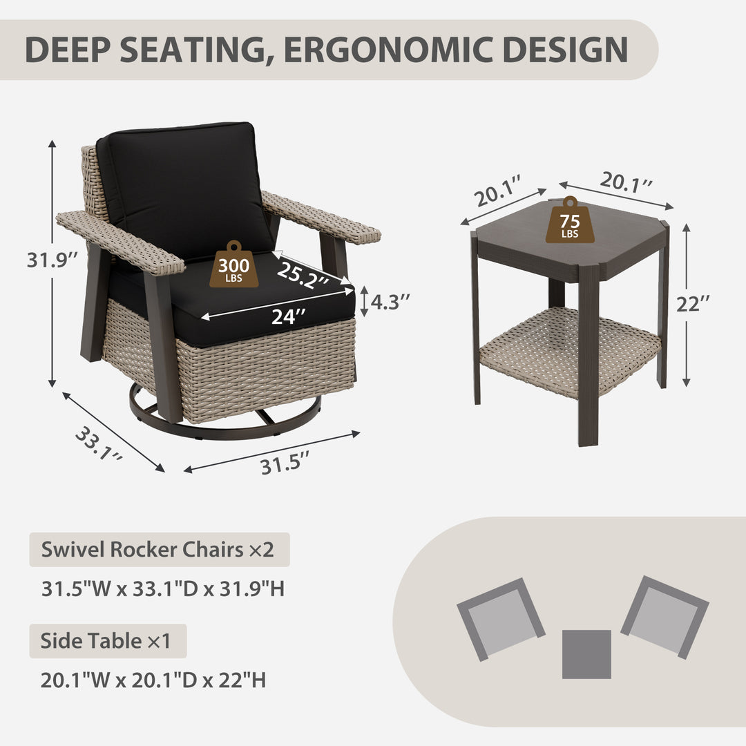 COOS BAY Rustic Hideaway Outdoor Swivel 3-Piece Rocker Patio Chairs and Table Set, Beige/Beige, Tan, Dark Blue, Black, Red