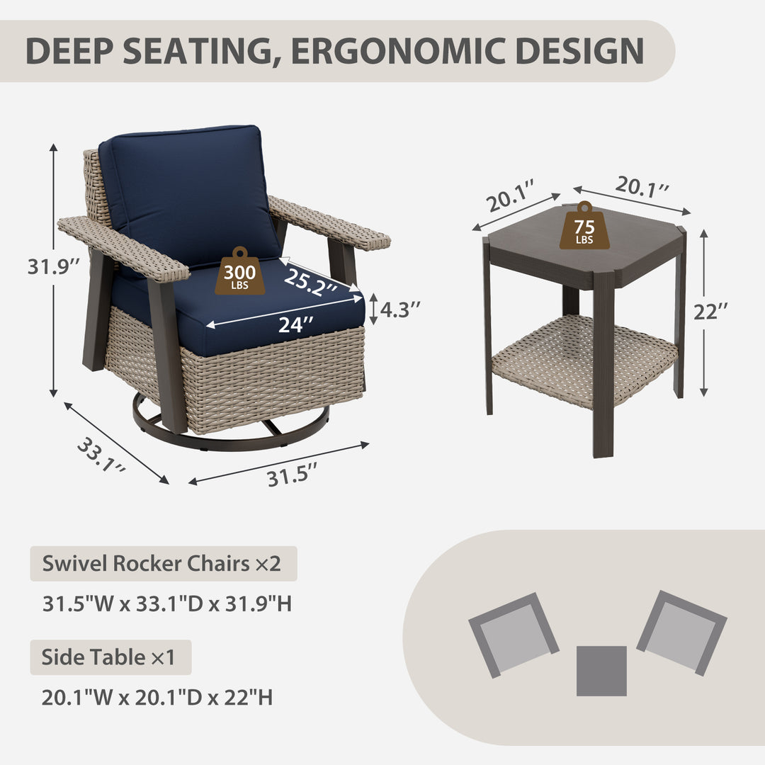 COOS BAY Rustic Hideaway Outdoor Swivel 3-Piece Rocker Patio Chairs and Table Set, Beige/Beige, Tan, Dark Blue, Black, Red