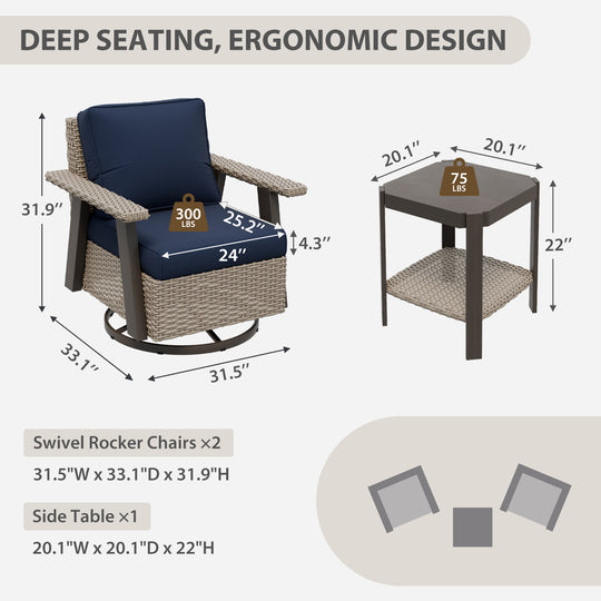 COOS BAY Rustic Hideaway Outdoor Swivel 3-Piece Rocker Patio Chairs and Table Set, Beige/Beige, Tan, Dark Blue, Black, Red