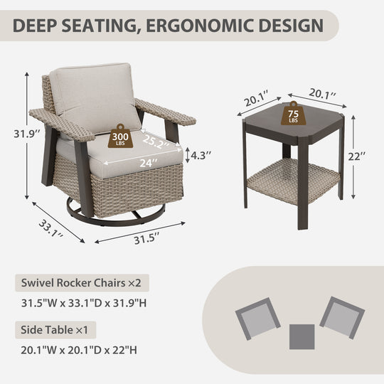 COOS BAY Rustic Hideaway Outdoor Swivel 3-Piece Rocker Patio Chairs and Table Set, Beige/Beige, Tan, Dark Blue, Black, Red