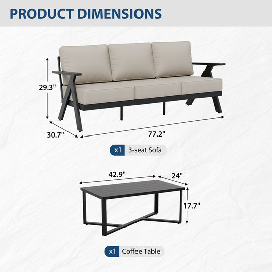 COOS BAY Iron Luxe Modern Outdoor 3 Seat Couch and Coffee Table Set