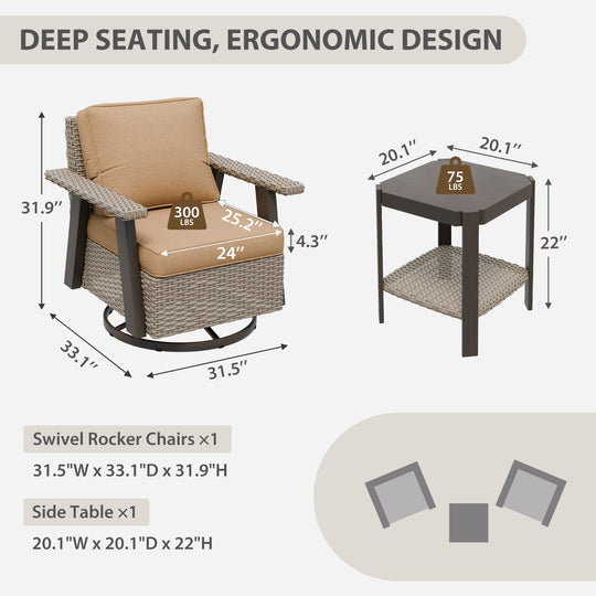 COOS BAY Rustic Hideaway Outdoor Swivel 3-Piece Rocker Patio Chairs and Table Set, Beige/Beige, Tan, Dark Blue, Black, Red