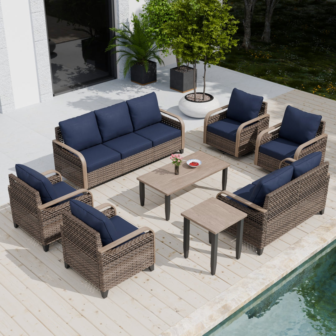 COOS BAY 8 PCS Modern Wicker Furniture Set w/Swivel Rocking Chairs, Patio Chairs, 3 Seat Couch, Loveseat, Coffee Table and Side Table