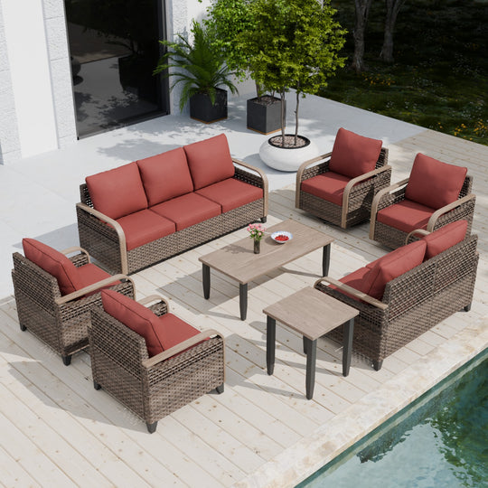 COOS BAY 8 PCS Modern Wicker Furniture Set w/Swivel Rocking Chairs, Patio Chairs, 3 Seat Couch, Loveseat, Coffee Table and Side Table