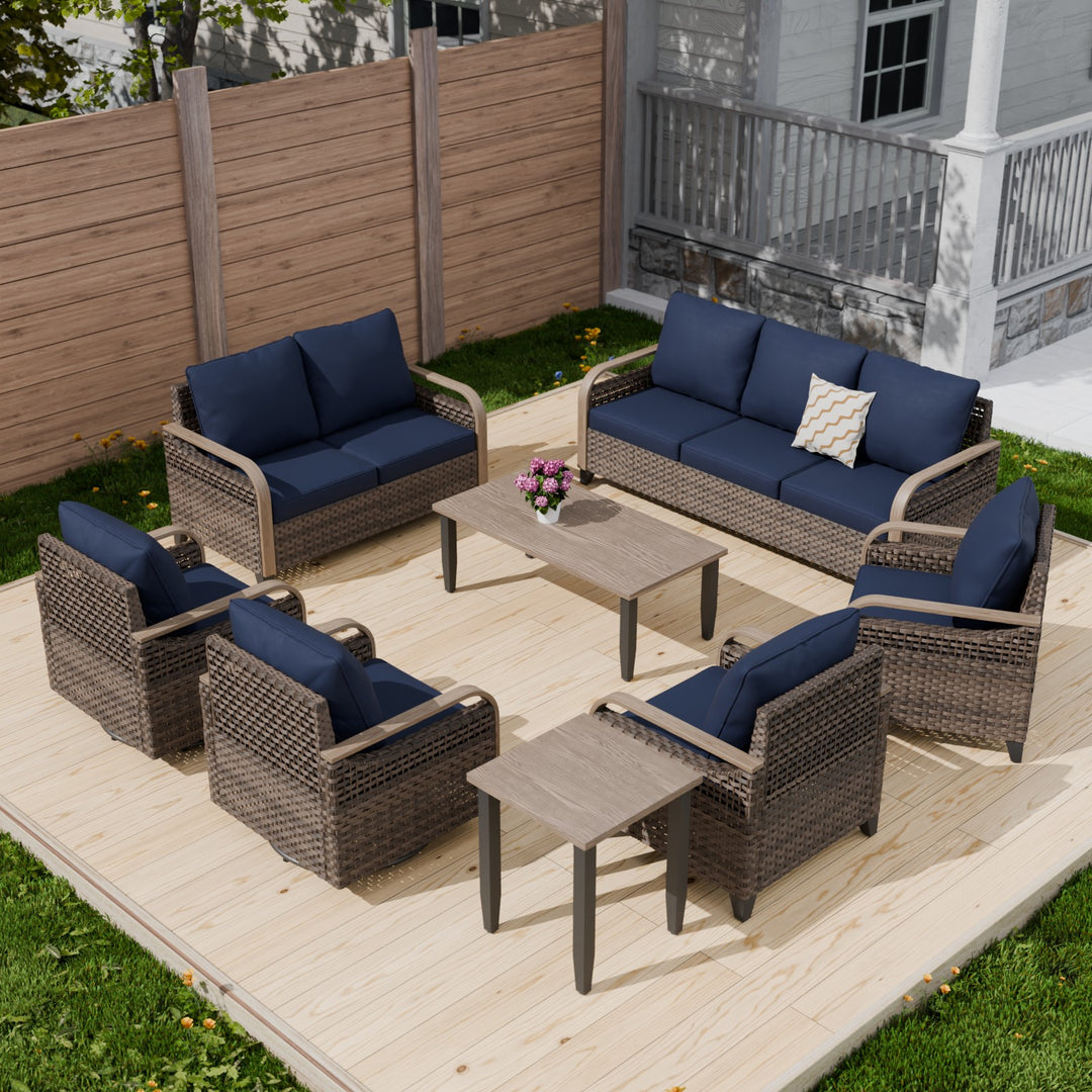 COOS BAY 8 PCS Modern Wicker Furniture Set w/Swivel Rocking Chairs, Patio Chairs, 3 Seat Couch, Loveseat, Coffee Table and Side Table