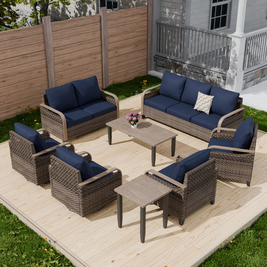 COOS BAY 8 PCS Modern Wicker Furniture Set w/Swivel Rocking Chairs, Patio Chairs, 3 Seat Couch, Loveseat, Coffee Table and Side Table