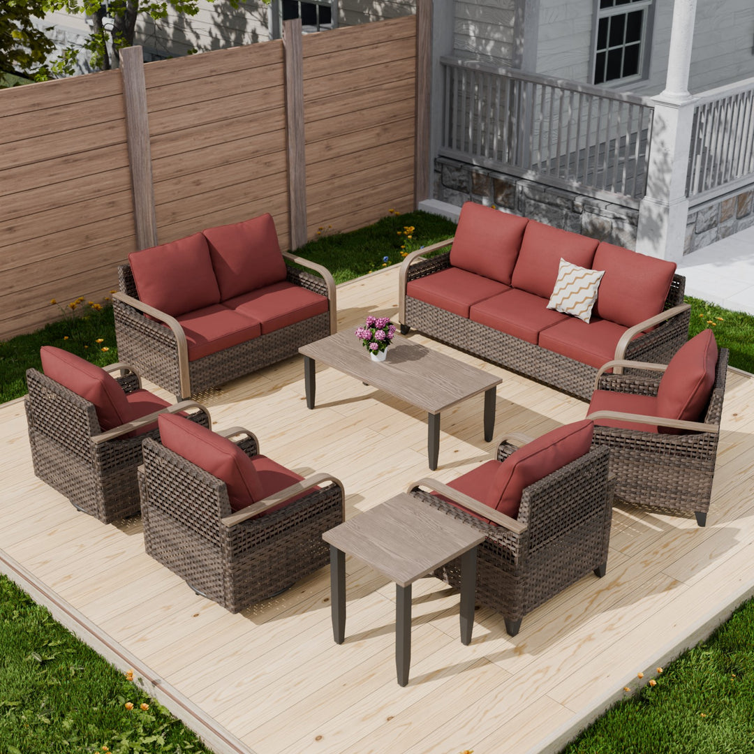 COOS BAY 8 PCS Modern Wicker Furniture Set w/Swivel Rocking Chairs, Patio Chairs, 3 Seat Couch, Loveseat, Coffee Table and Side Table
