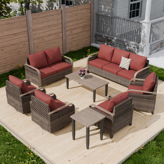 COOS BAY 8 PCS Modern Wicker Furniture Set w/Swivel Rocking Chairs, Patio Chairs, 3 Seat Couch, Loveseat, Coffee Table and Side Table