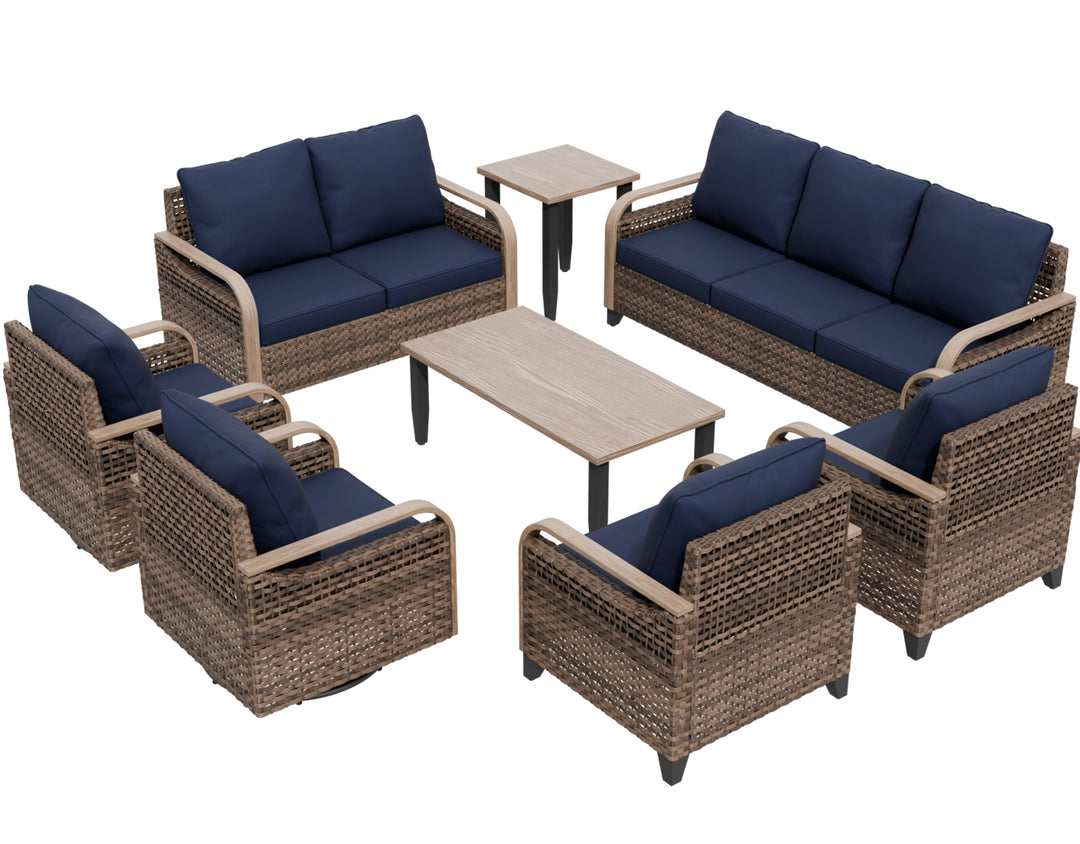 COOS BAY 8 PCS Modern Wicker Furniture Set w/Swivel Rocking Chairs, Patio Chairs, 3 Seat Couch, Loveseat, Coffee Table and Side Table