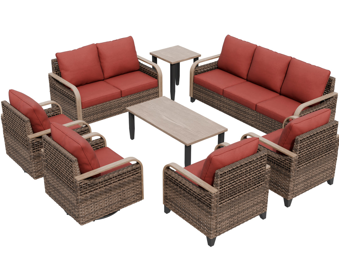 COOS BAY 8 PCS Modern Wicker Furniture Set w/Swivel Rocking Chairs, Patio Chairs, 3 Seat Couch, Loveseat, Coffee Table and Side Table