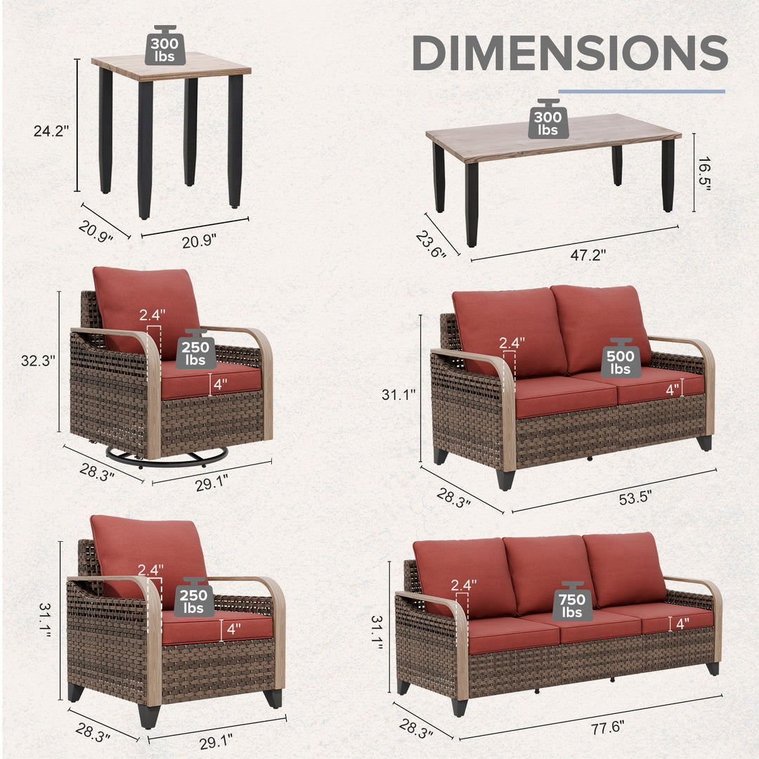 COOS BAY 8 PCS Modern Wicker Furniture Set w/Swivel Rocking Chairs, Patio Chairs, 3 Seat Couch, Loveseat, Coffee Table and Side Table