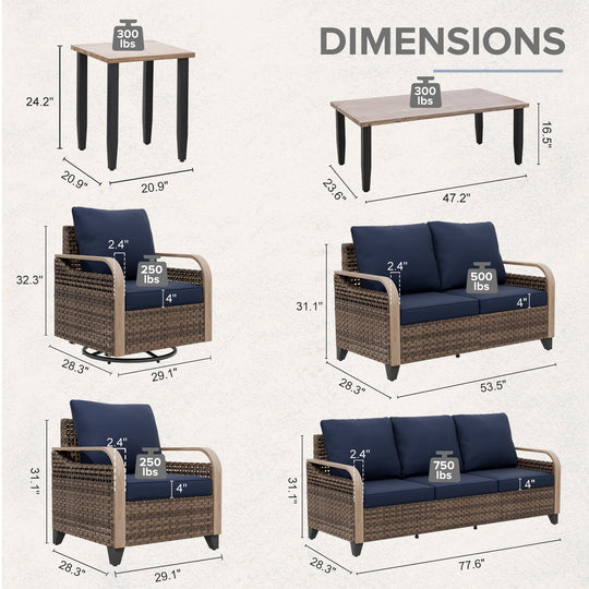 COOS BAY 8 PCS Modern Wicker Furniture Set w/Swivel Rocking Chairs, Patio Chairs, 3 Seat Couch, Loveseat, Coffee Table and Side Table