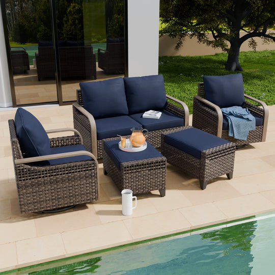 COOS BAY Modern 5 PCS Furniture Set w/ Swivel Rocking Chairs, Loveseat and Ottomans