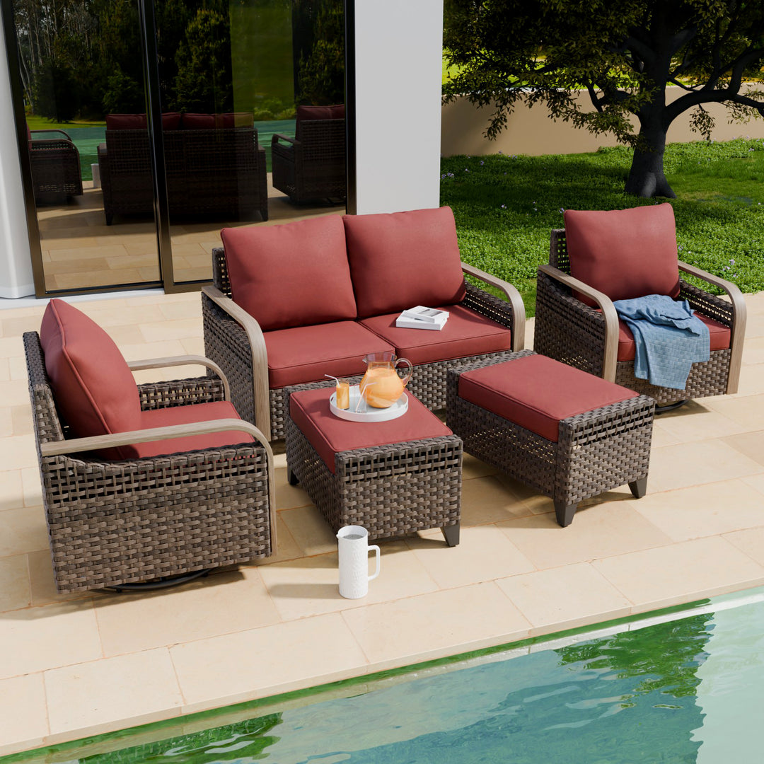 COOS BAY Modern 5 PCS Furniture Set w/ Swivel Rocking Chairs, Loveseat and Ottomans