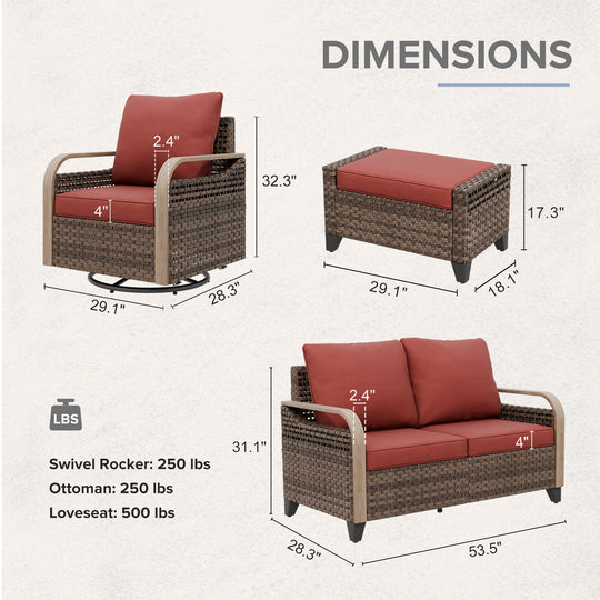 COOS BAY Modern 5 PCS Furniture Set w/ Swivel Rocking Chairs, Loveseat and Ottomans