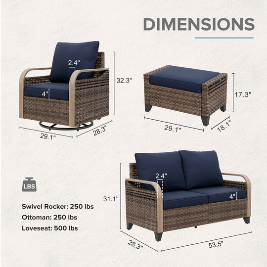 COOS BAY Modern 5 PCS Furniture Set w/ Swivel Rocking Chairs, Loveseat and Ottomans