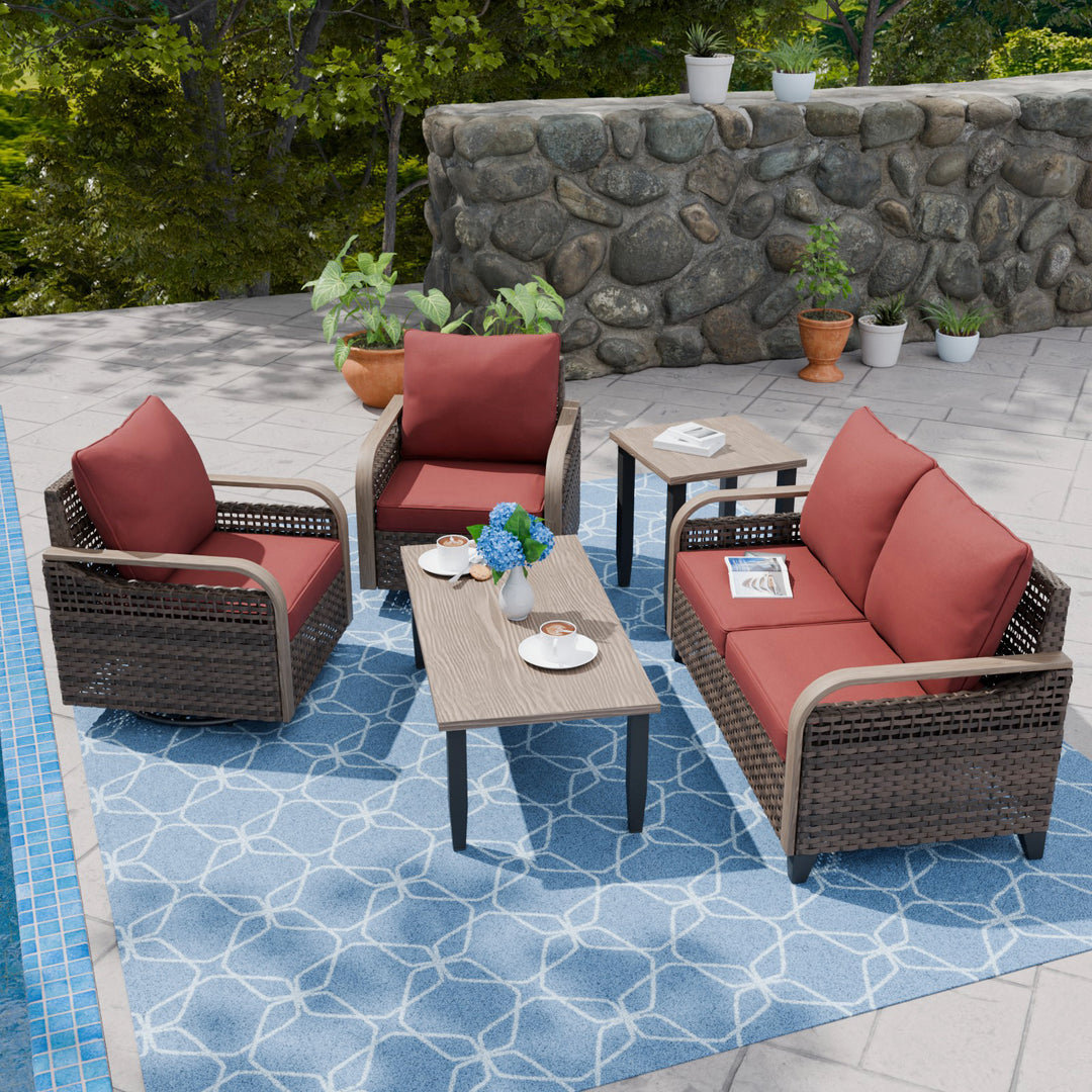 COOS BAY Modern 5 PCS Furniture Set w/ Swivel Rocking Chairs, Loveseat, Coffee Table and Side Table