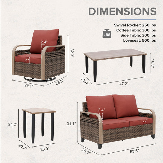 COOS BAY Modern 5 PCS Furniture Set w/ Swivel Rocking Chairs, Loveseat, Coffee Table and Side Table