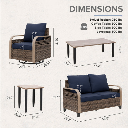 COOS BAY Modern 5 PCS Furniture Set w/ Swivel Rocking Chairs, Loveseat, Coffee Table and Side Table