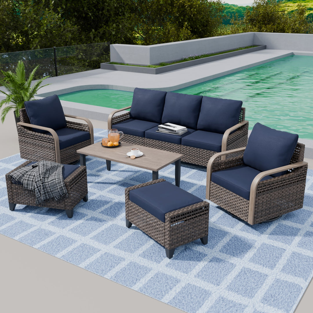 COOS BAY Modern 6 PCS Furniture Set w/ Swivel Rocking Chairs, Couch, Ottomans, and Coffee Table