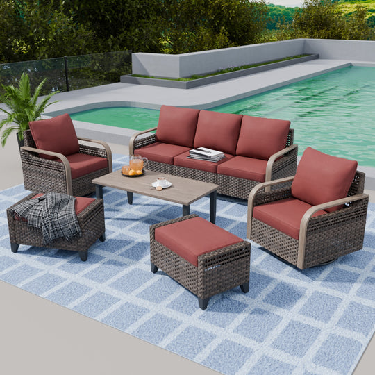 COOS BAY Modern 6 PCS Furniture Set w/ Swivel Rocking Chairs, Couch, Ottomans, and Coffee Table
