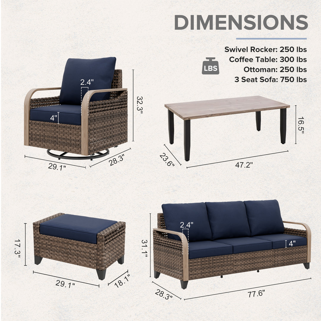 COOS BAY Modern 6 PCS Furniture Set w/ Swivel Rocking Chairs, Couch, Ottomans, and Coffee Table