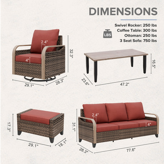 COOS BAY Modern 6 PCS Furniture Set w/ Swivel Rocking Chairs, Couch, Ottomans, and Coffee Table