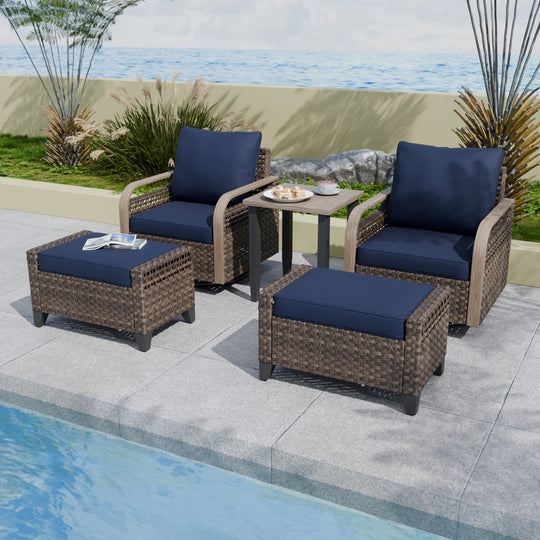 COOS BAY Modern Outdoor 5 PCS Bistro Set w/Swivel Rocking Chairs, Ottomans & Side Table