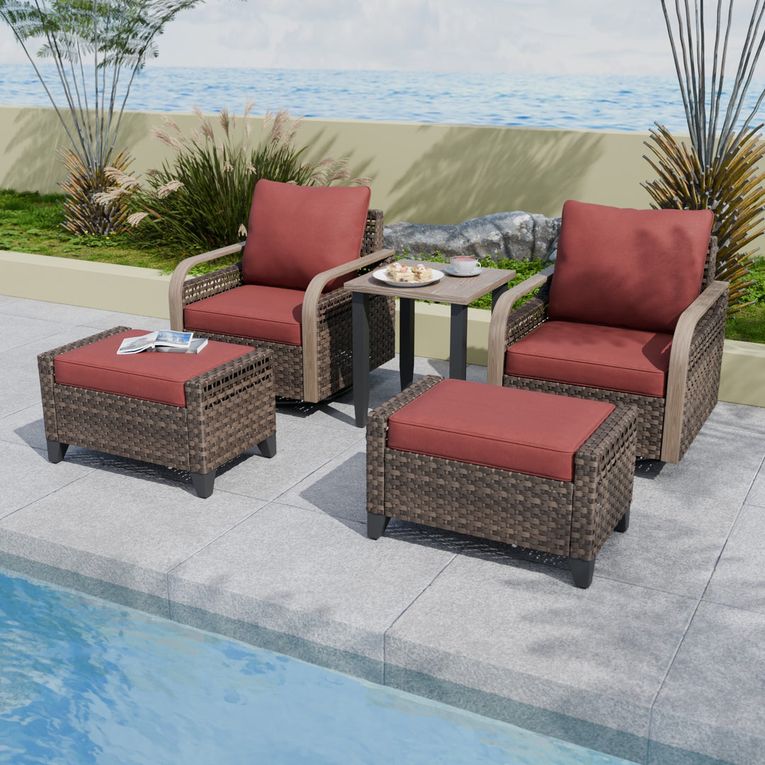 COOS BAY Modern Outdoor 5 PCS Bistro Set w/Swivel Rocking Chairs, Ottomans & Side Table