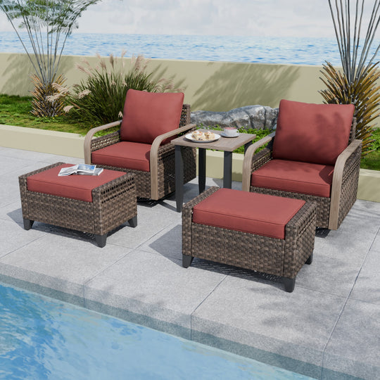COOS BAY Modern Outdoor 5 PCS Bistro Set w/Swivel Rocking Chairs, Ottomans & Side Table