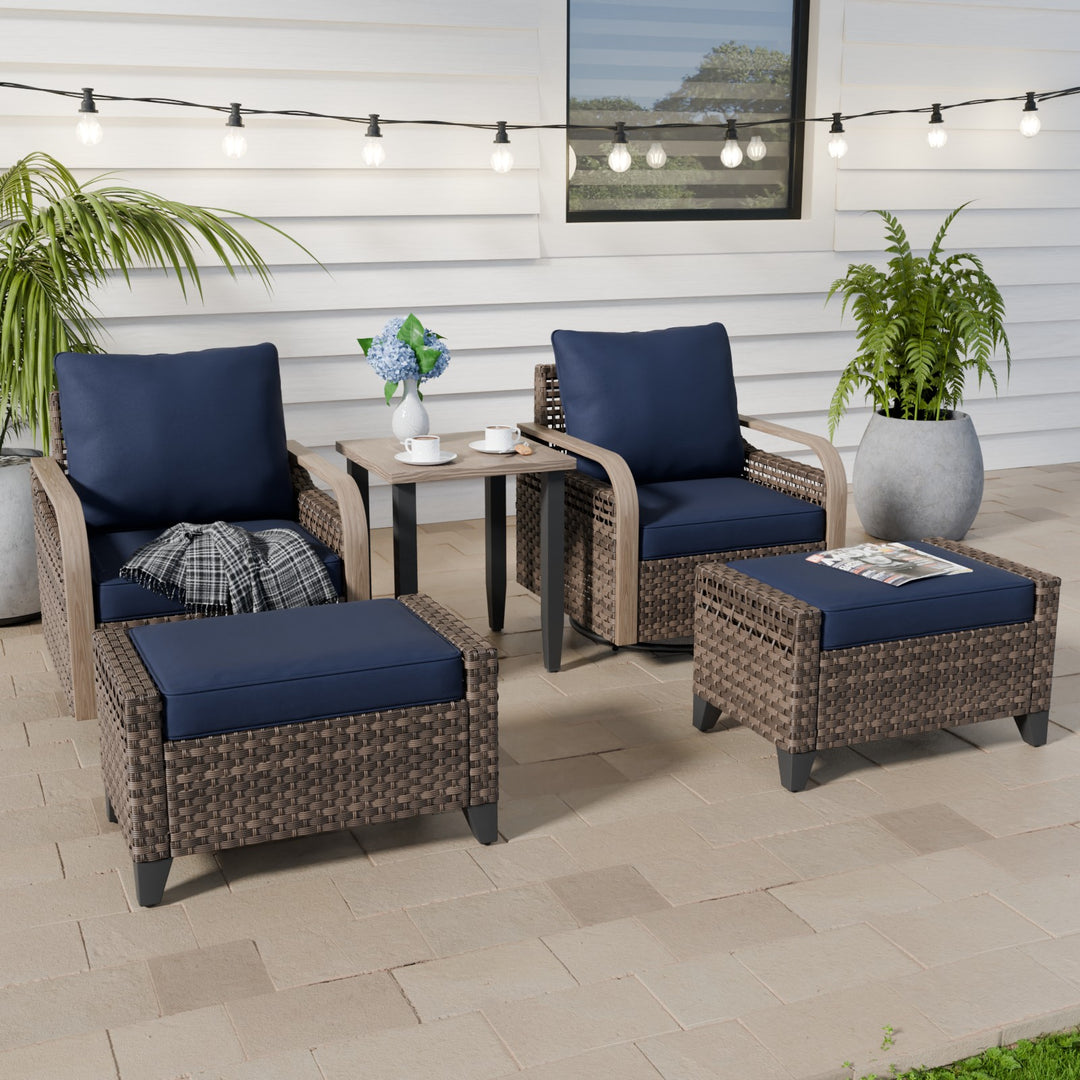 COOS BAY Modern Outdoor 5 PCS Bistro Set w/Swivel Rocking Chairs, Ottomans & Side Table
