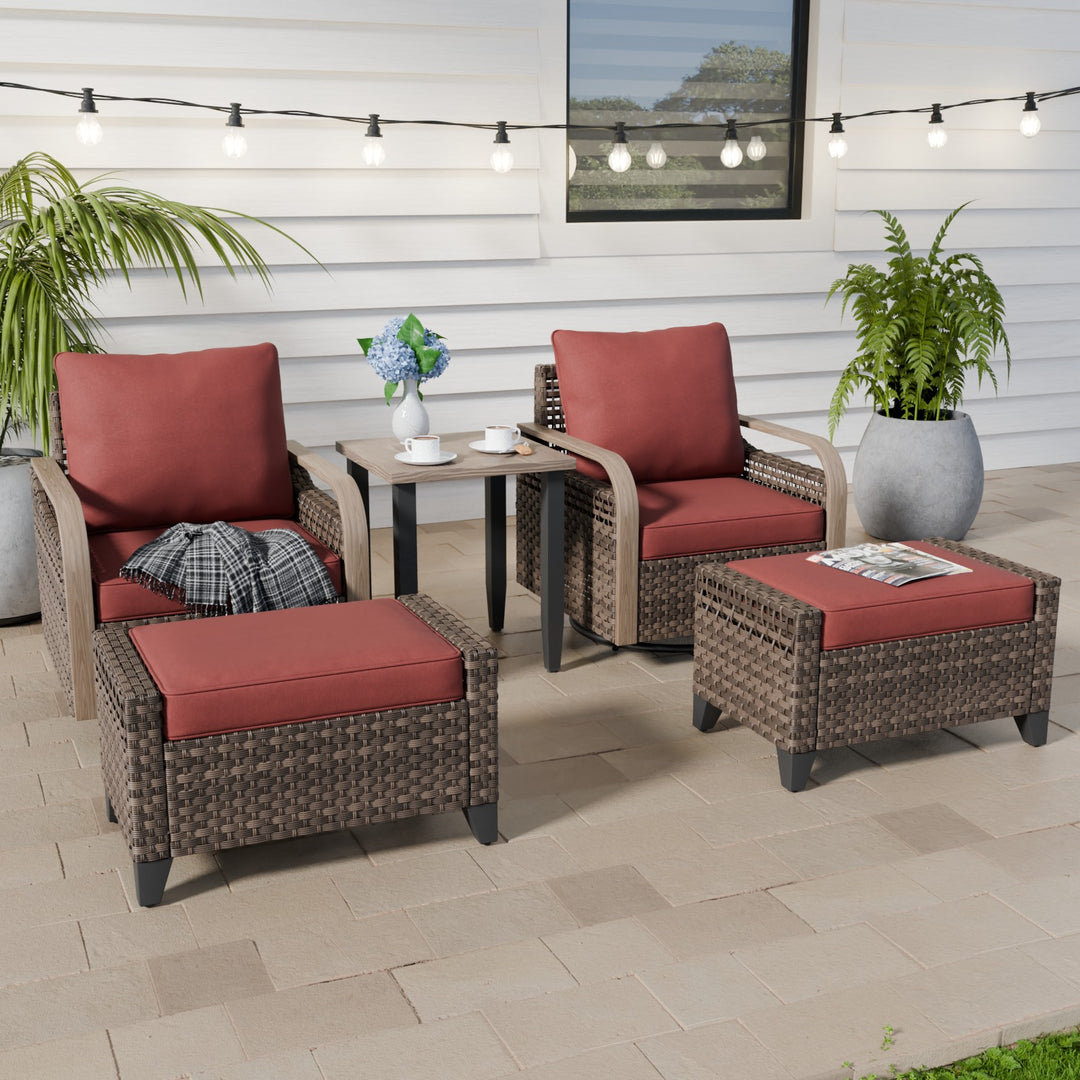 COOS BAY Modern Outdoor 5 PCS Bistro Set w/Swivel Rocking Chairs, Ottomans & Side Table