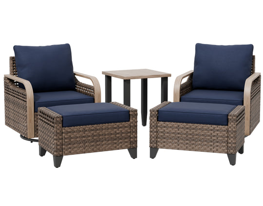 COOS BAY Modern Outdoor 5 PCS Bistro Set w/Swivel Rocking Chairs, Ottomans & Side Table
