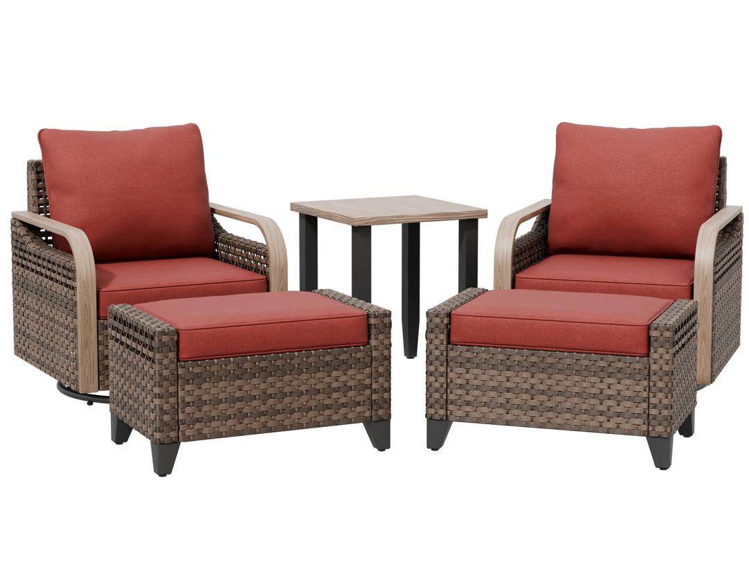 COOS BAY Modern Outdoor 5 PCS Bistro Set w/Swivel Rocking Chairs, Ottomans & Side Table